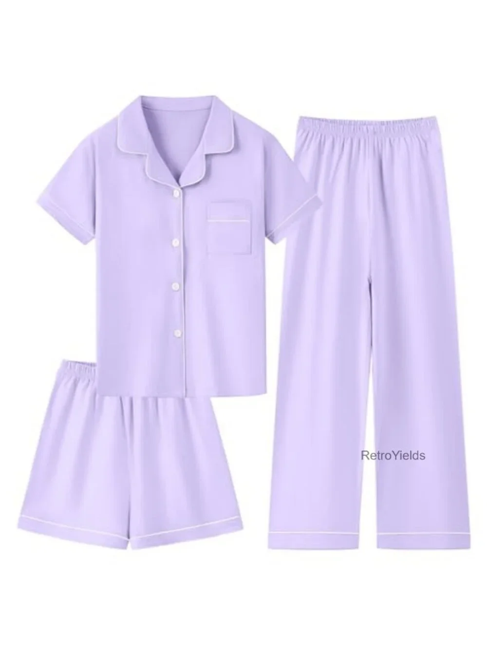 Girls Cotton Stretch Pajama Set 3 Piece Button Down Short Sleeve Sleepwear
